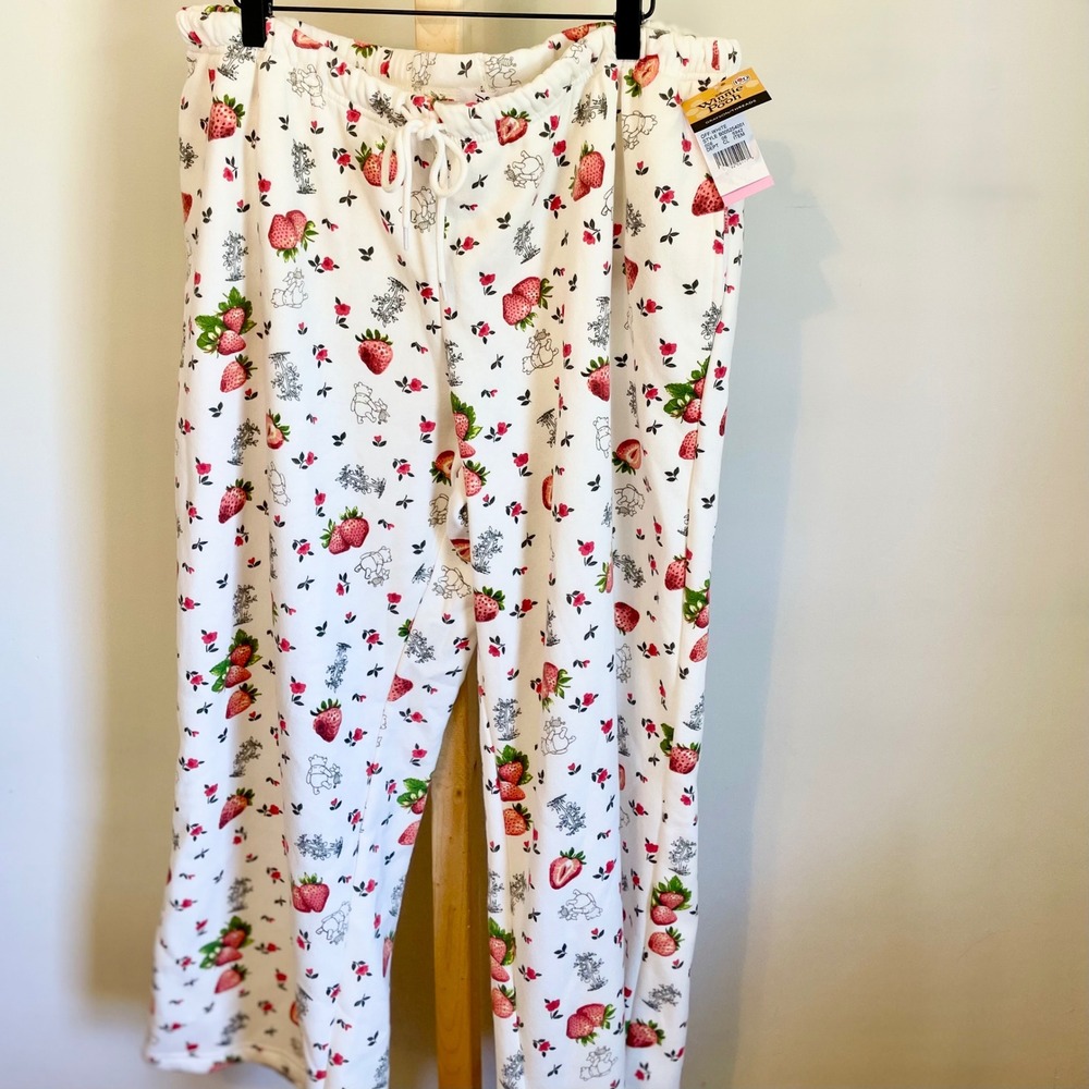 Disney Winnie the Pooh Strawberry Wide Leg Pajama Pants Off White XXL NWT